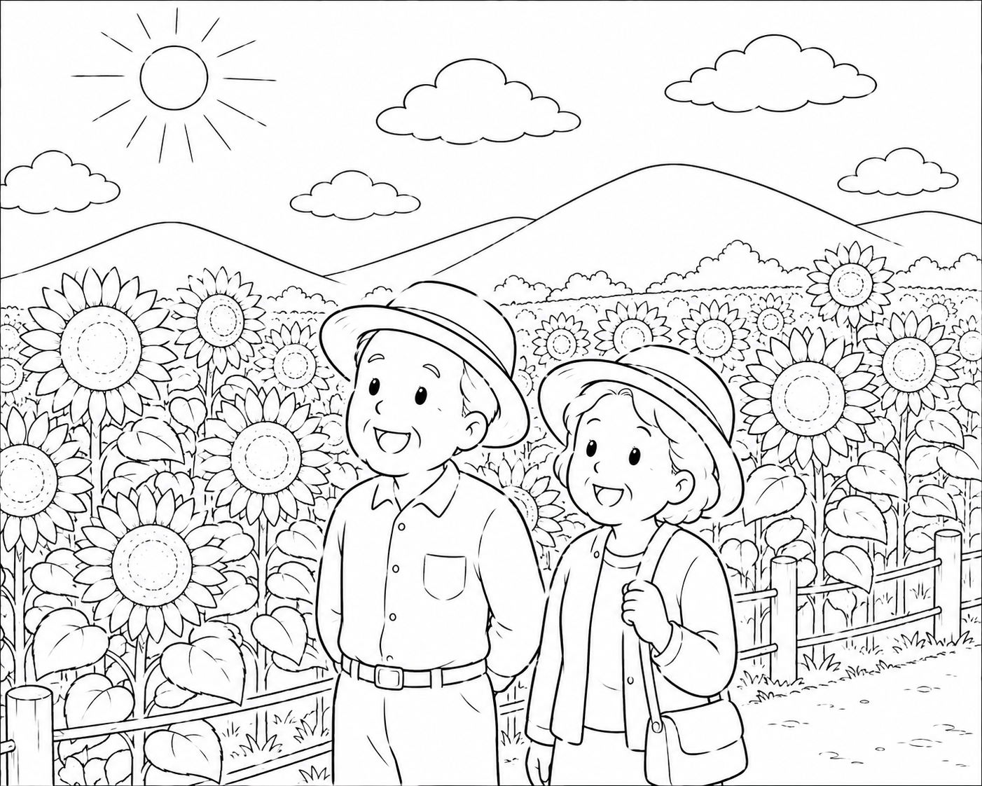 8月の塗り絵|ひまわり畑を楽しむ老夫婦