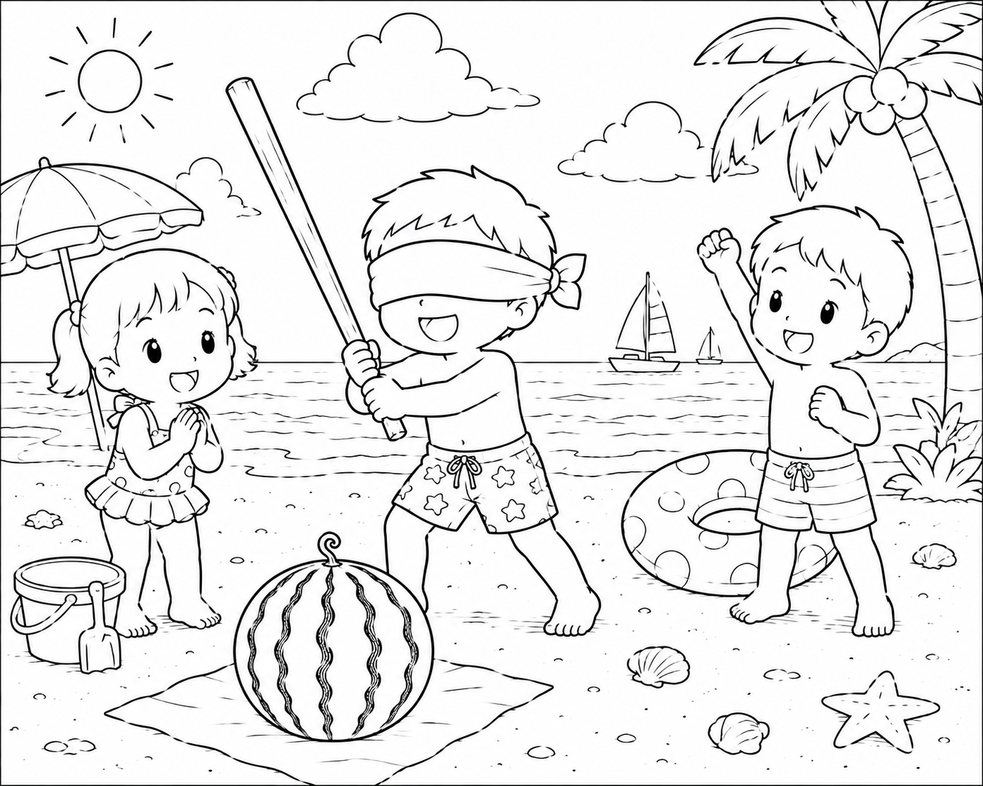 8月の塗り絵|ビーチで楽しむスイカ割り