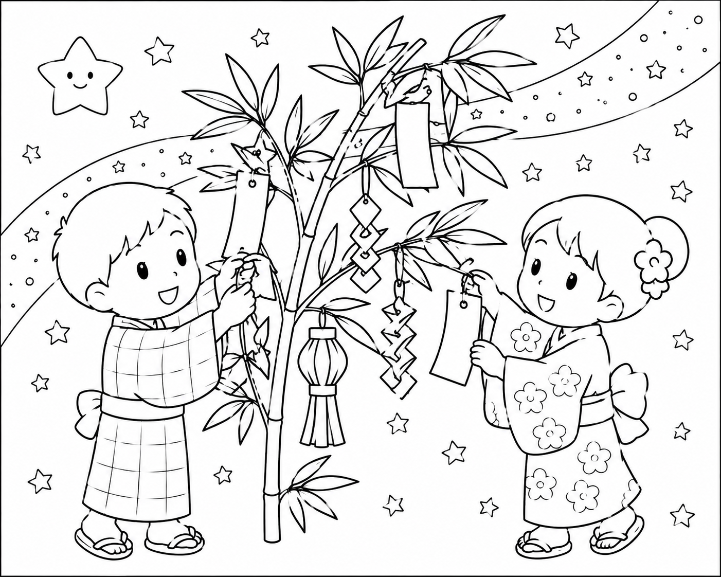 7月の塗り絵|七夕の竹飾りを飾る子供たち