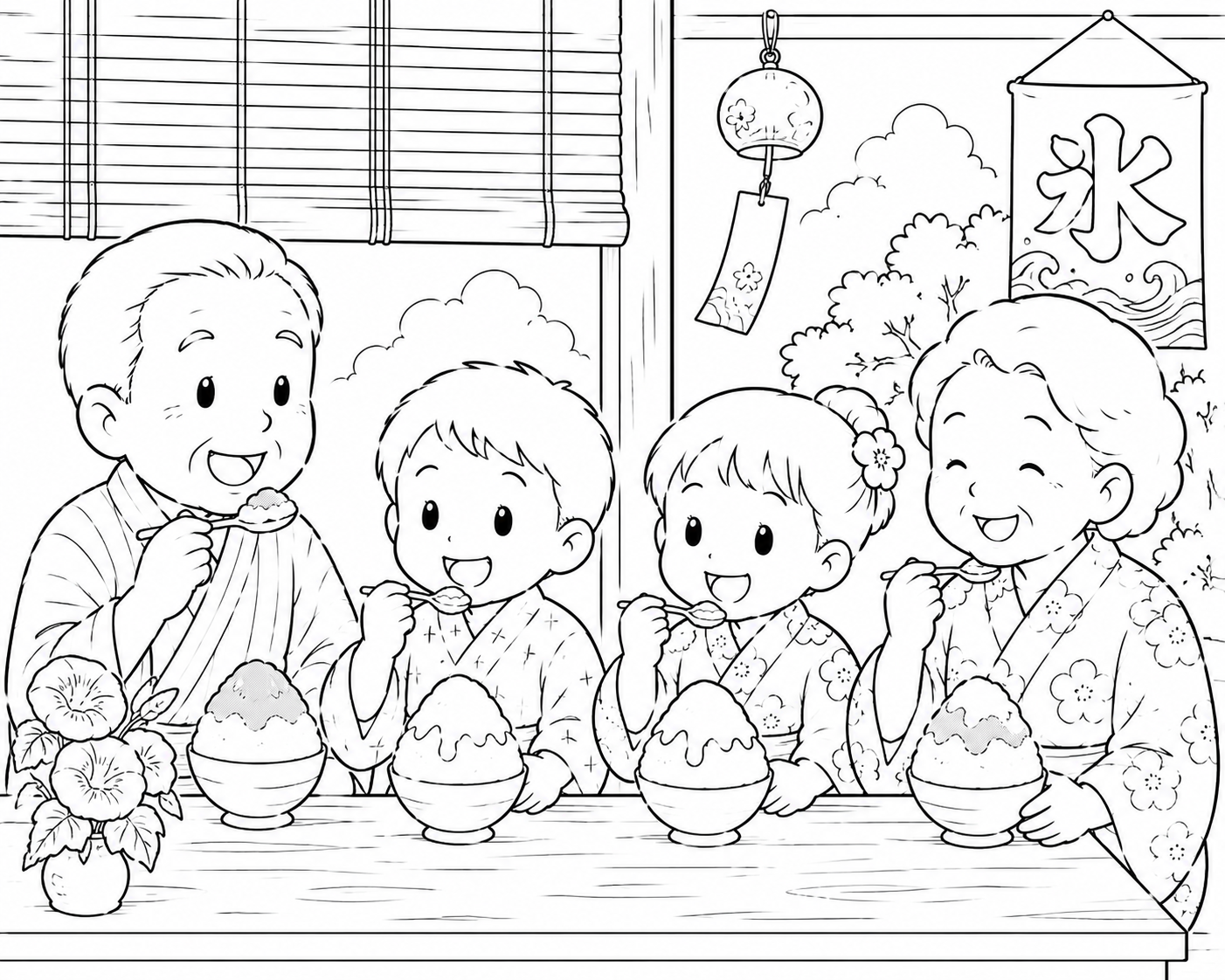 8月の塗り絵|夏のかき氷と家族団らん