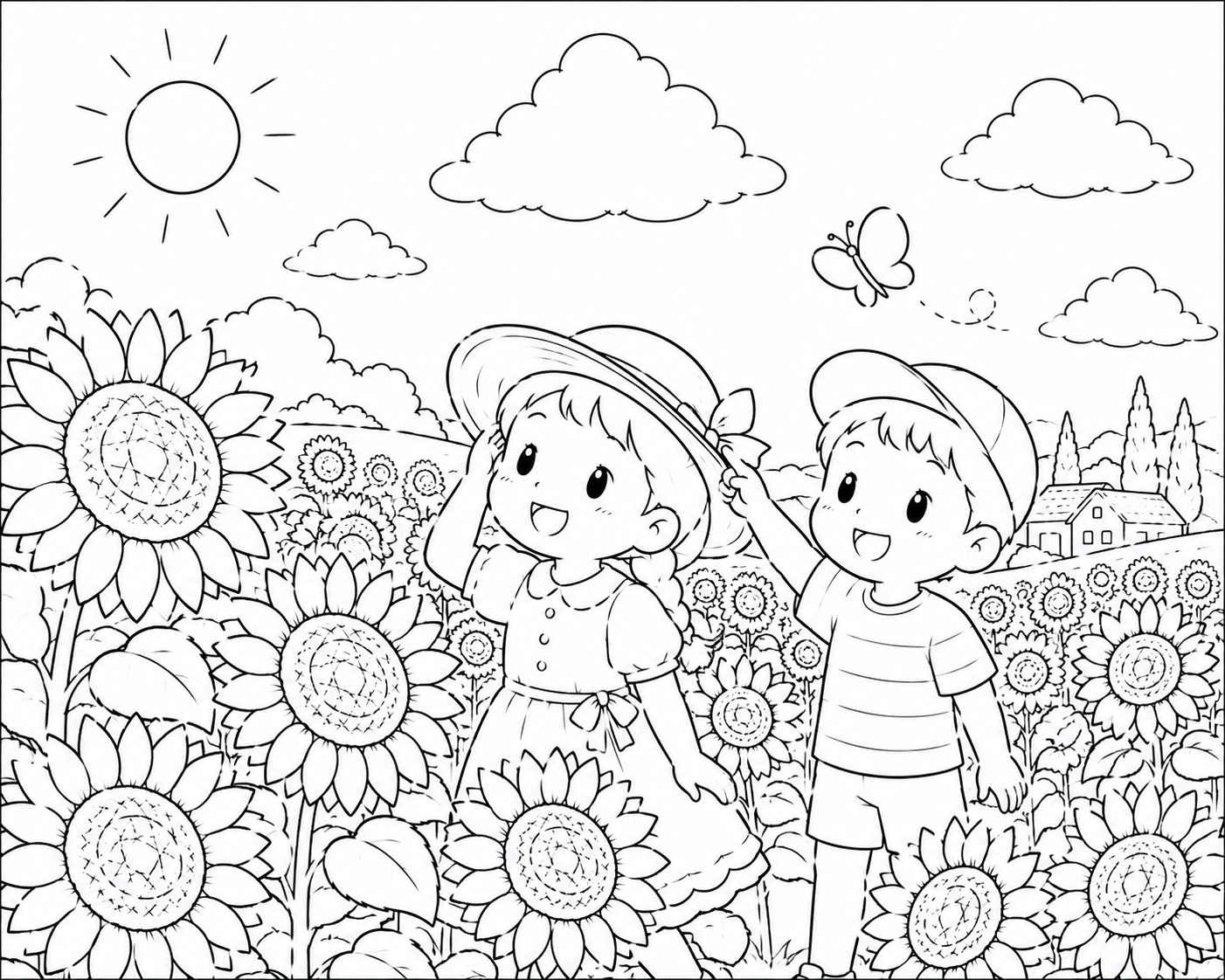 7月の塗り絵|夏のひまわり畑で遊ぶ子供たち