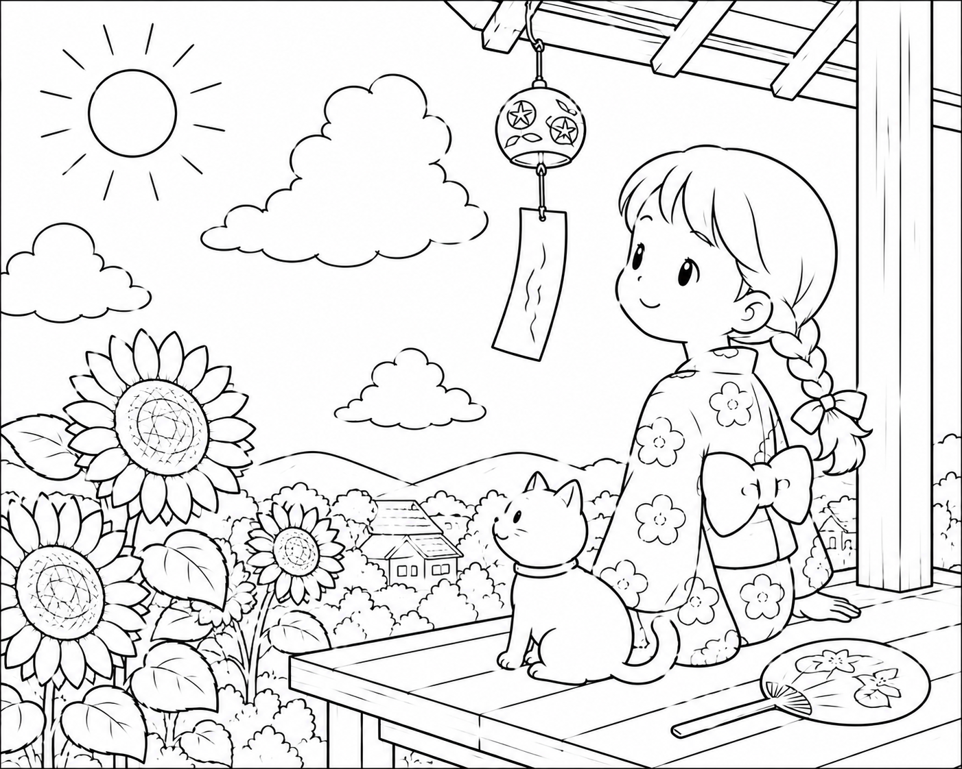 7月の塗り絵|夏の日の縁側と風鈴