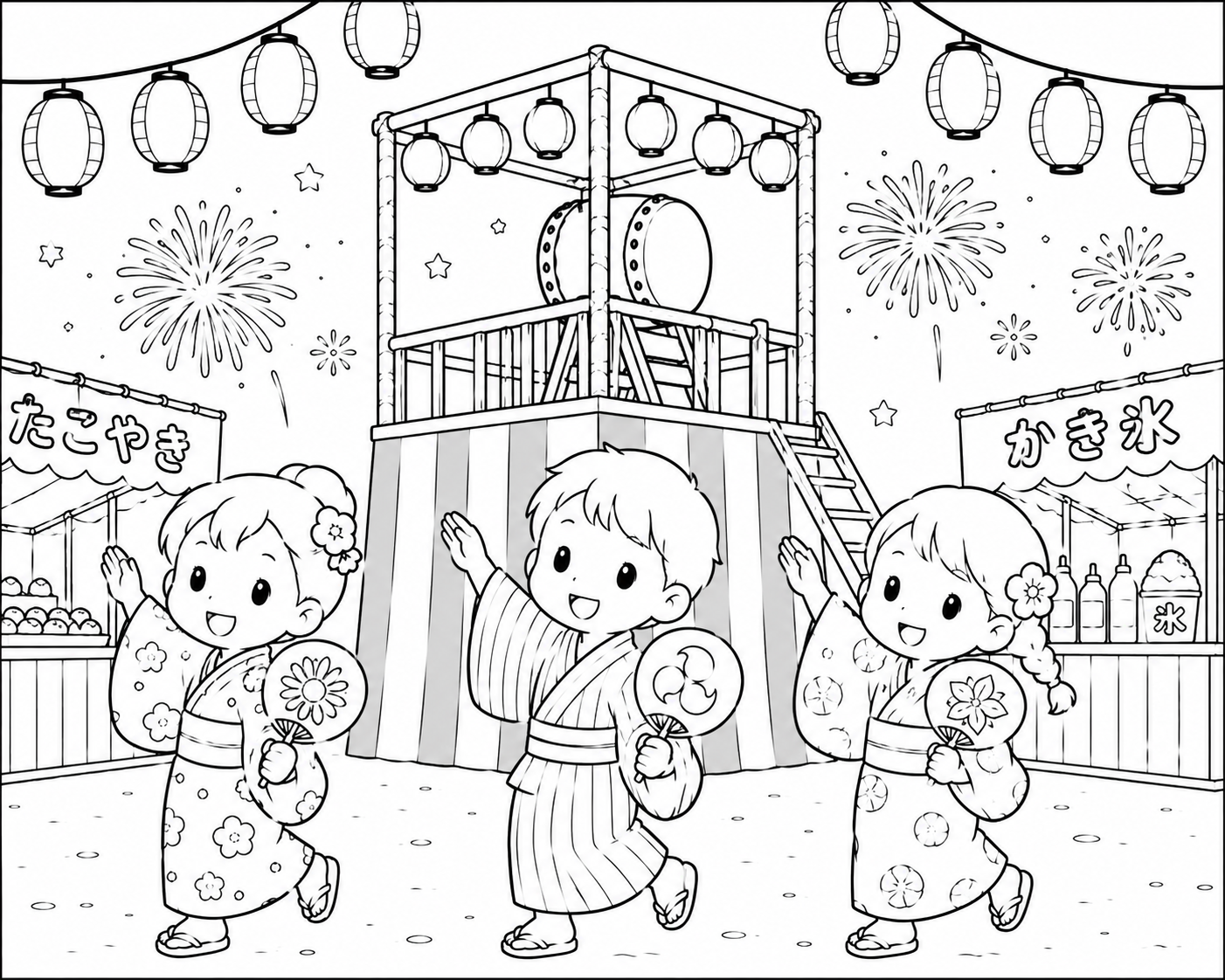 7月の塗り絵|夏祭りの子どもたち