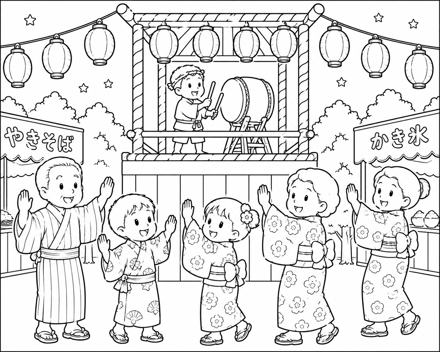 8月の塗り絵|夏祭りの盆踊り