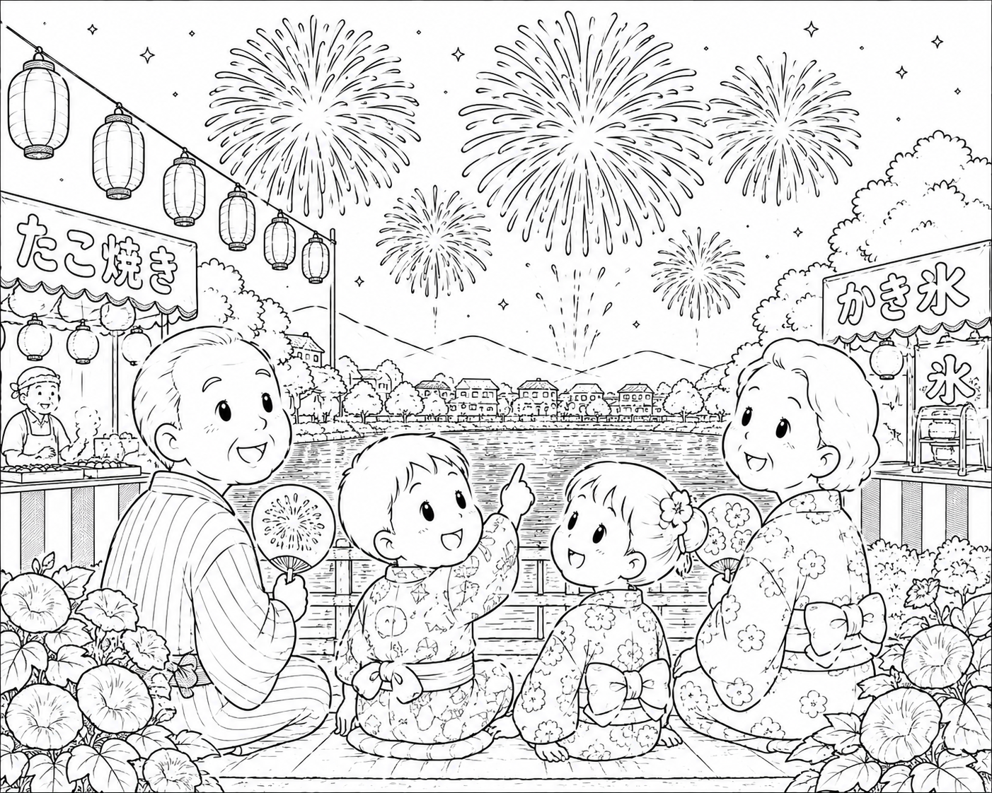 8月の塗り絵|夏祭りの花火大会