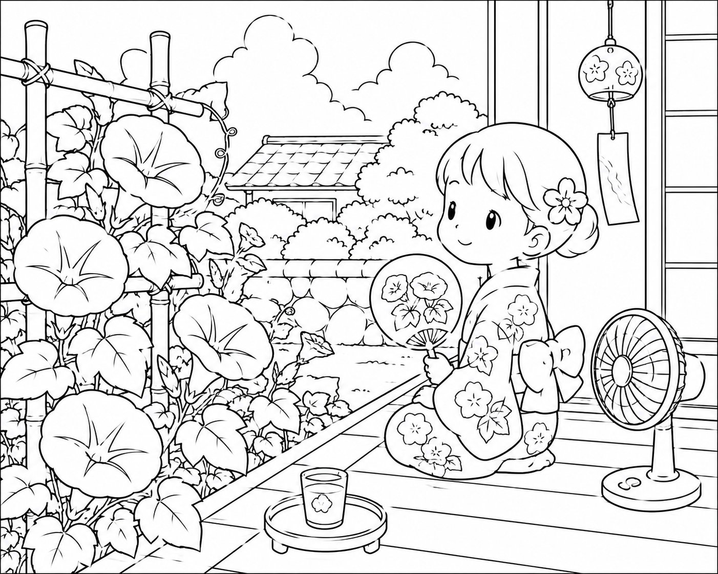 7月の塗り絵|朝顔と風鈴の夏の縁側