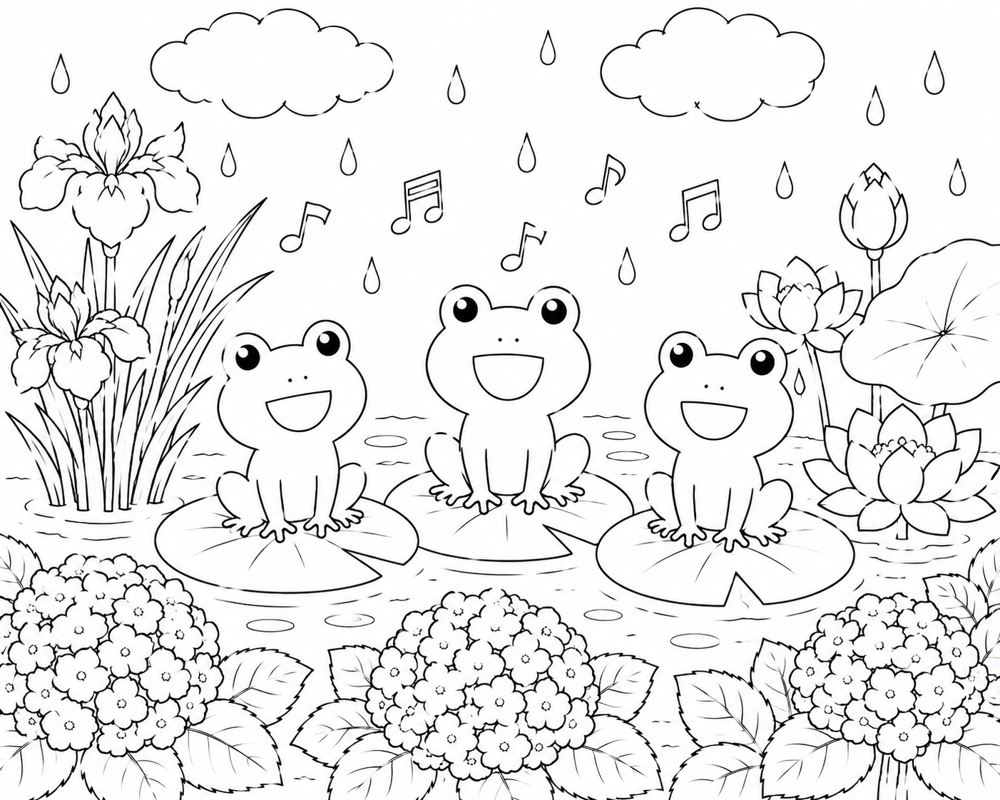 6月の塗り絵|楽しげなカエルの歌う池
