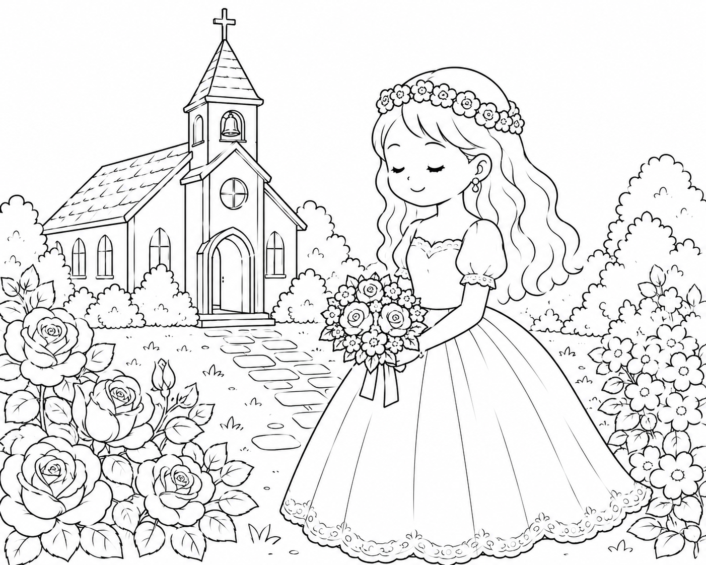 6月の塗り絵|結婚式の庭園と教会