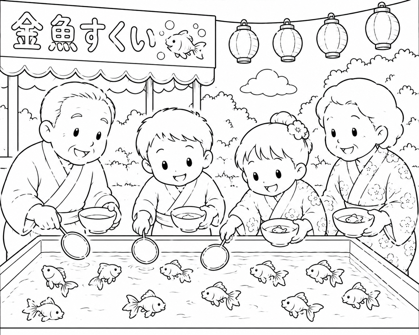8月の塗り絵|金魚すくいの夏祭り