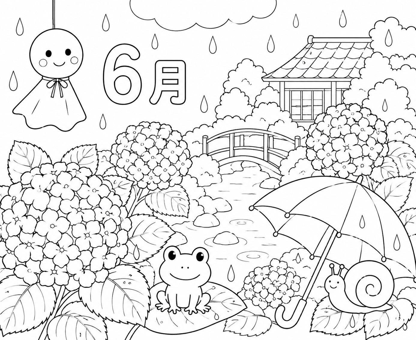 6月の塗り絵|あじさいと梅雨の庭